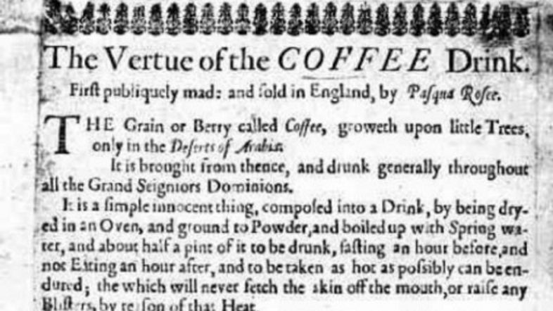 "The Vertue of the COFFEE Drink": An Ad for London’s First Cafe Printed Circa 1652